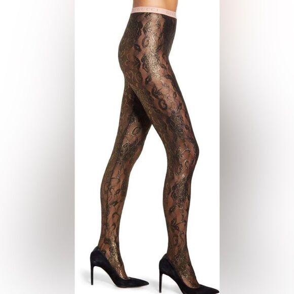 Gucci Floral Patterned Metallic Black/Gold Tights Medium - Picture 1 of 9